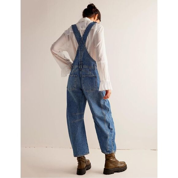 NEW Qazel Vorrlon Denim Overalls Barrel Wide Leg size M Blue - Picture 3 of 11